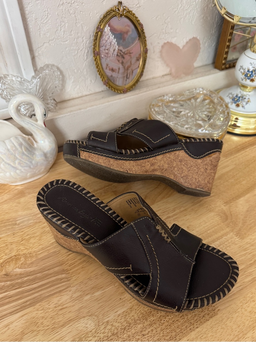 American Eagle Brown Faux Leather Platform Wedge Sandals Size 9.5 Y2K Boho